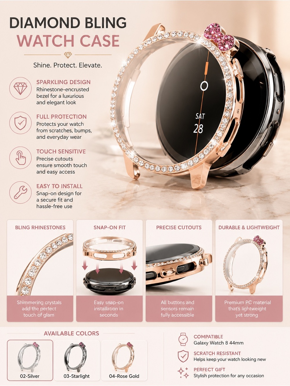 Samsung Rose Gold and Pink Rhinestone Diamond Bling smart Watch Case